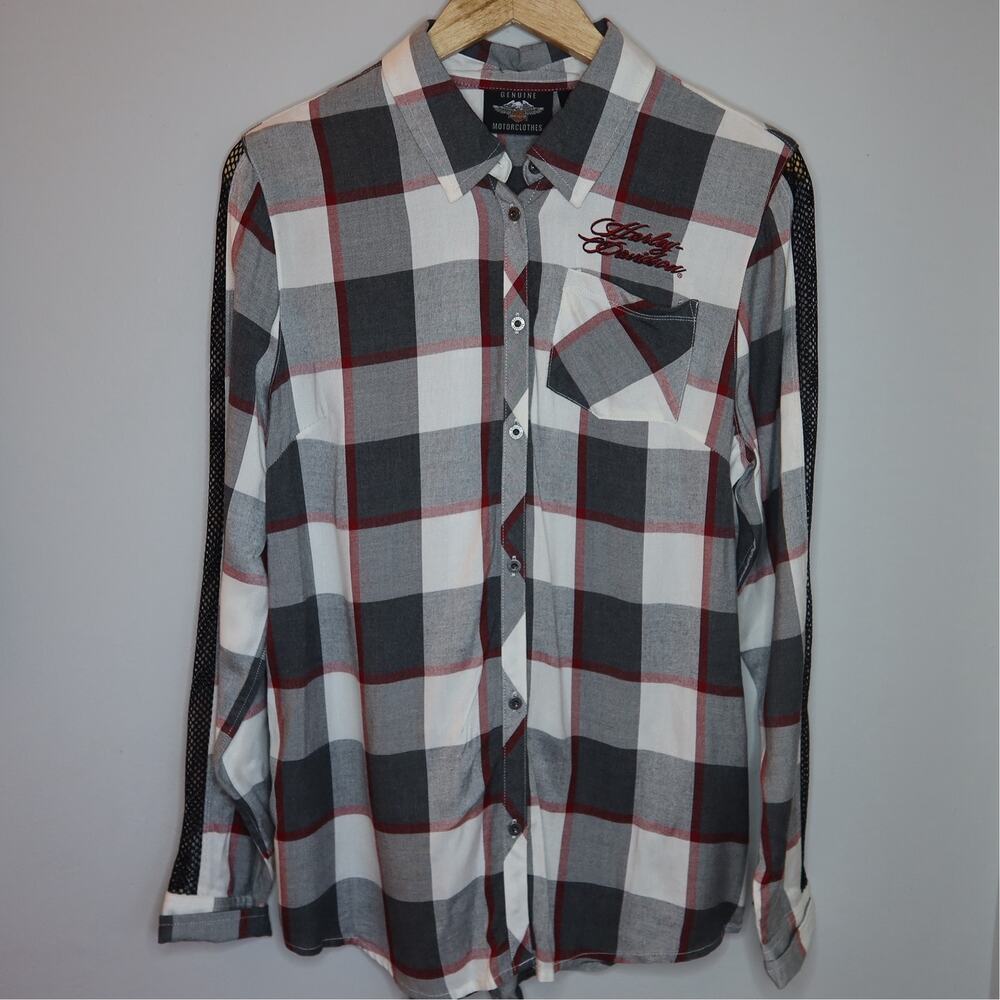 Harley Davidson Plaid Flannel Shirt Mesh Sleeve Winged Heart Womens L